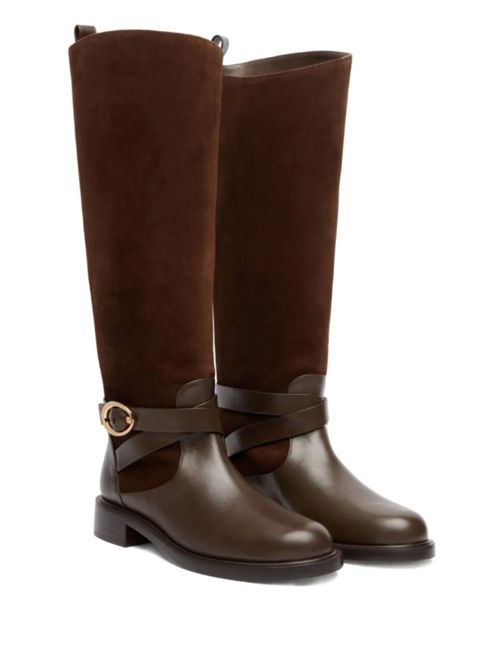 Stuart Weitzman Benni Riding Boots Chocolate Brown Suede Gold Buckle Knee High
